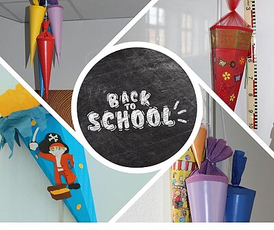 Collage aus vier Bilder mit selbstgebastelten bunten Schultüten, in der Mitte befindet sich der Schriftzug "BACK TO SCHOOL" auf einer simulierten Kreidetafel.
