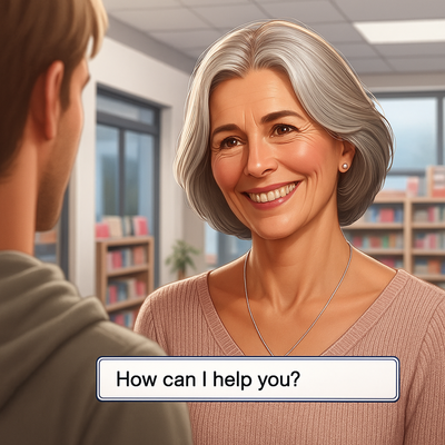 Eine lächelnde ältere Frau mit grauem Haar spricht freundlich mit einer jüngeren Person in einer Bibliothek. Im Vordergrund ist die Rückansicht der jüngeren Person zu sehen. Im Hintergrund stehen Regale mit Büchern und große Fenster lassen Tageslicht herein. Auf dem Bild steht der Text: „How can I help you?“