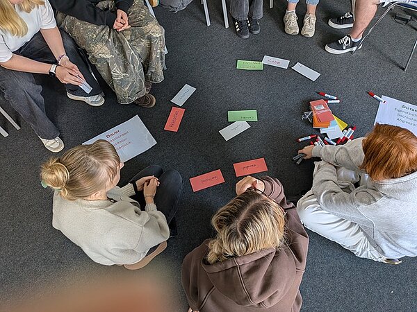 Mehrere Auszubildende sitzen auf dem Boden und bearbeiten eine Gruppenaufgabe. Zwischen ihnen liegen farbige Karten, Stifte und Arbeitsblätter.