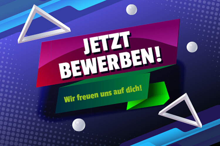 Zwei große, farbige Schriftbalken mit den Texten 'JETZT BEWERBEN!' und 'Wir freuen uns auf dich!' stehen im Mittelpunkt. Der Hintergrund zeigt ein dynamisches Muster aus Punkten und diagonalen Linien in verschiedenen Blautönen. Zwei weiße, dreidimensionale Dreiecke und mehrere kleine Kreise sind dekorativ angeordnet.