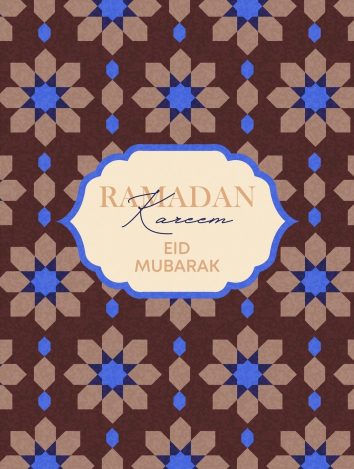 Illustration mit Blumenmuster in braun und blau, in der Mitte steht "Ramadan Kareem" und darunter "Eid Mubarak".