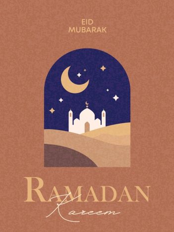 Auf einer braunen Fläche ist eine Fenster ausgeschnitten, wodurch man eine Moschee im Mondschein sieht, darüber ein Halbmond und Sterne. Darunter steht "Ramadan Kareem".