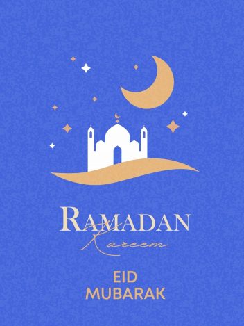 Illustration einer Moschee auf blauem Hintergrund. Darüber Sterne und ein Halbmond. Darunter steht "Ramadan Kareem" und "Eid Mubarak".