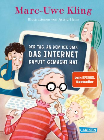Die Illustration von Astrid Henn auf dem Cover des Buches "Der Tag, an dem die Oma das Internet kaputt gemacht hat" von Marc-Uwe Kling, das im Carlsen Verlag erschienen ist, zeigt einen großen Bildschirm, um den die Familienmitglieder erschrocken herum stehen: ein Junge mit dunklen Locken, die Mutter mit grünen Haaren, ein kleines Mädchen mit blondem Engelshaar sowie die Oma mit grauem Haar und einer runden Brille, die den Zeigefinger in den Mund steckt, als wäre ihr etwas unangenehm.